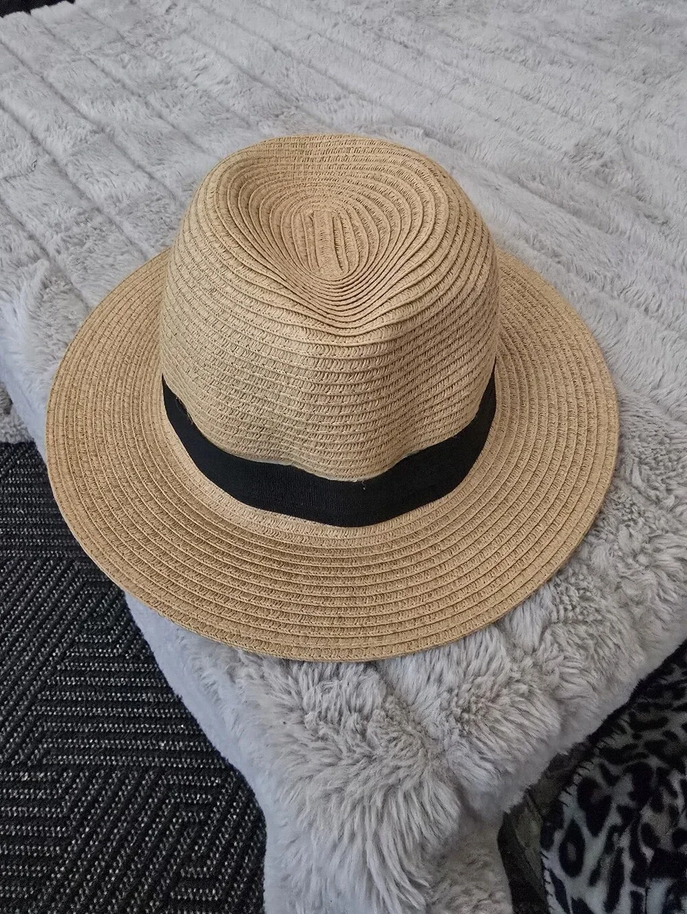 H&M Tan Straw Fedora with Navy Band - Summer Essential